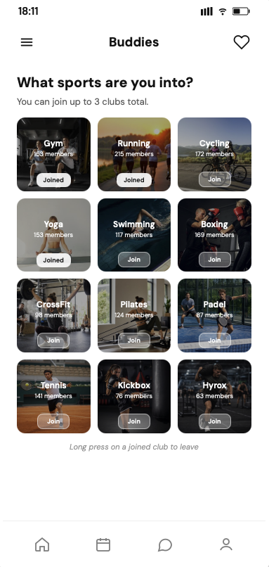 Buddyvo Buddies clubs screen